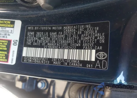 2018 Toyota Corolla Le from USA, damaged, VIN 2T1BURHE4JC082422